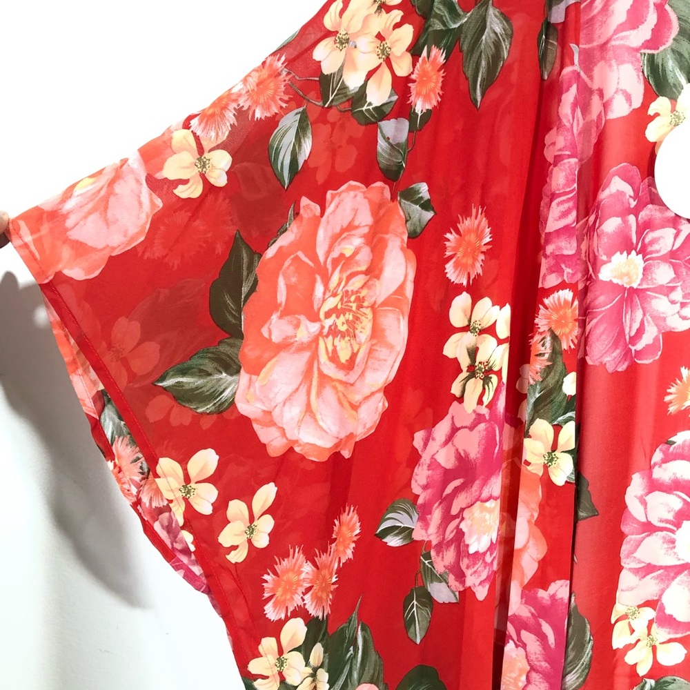 Sheer Floral Print Open Front Raw Edge Kimono - Picture 7 of 8